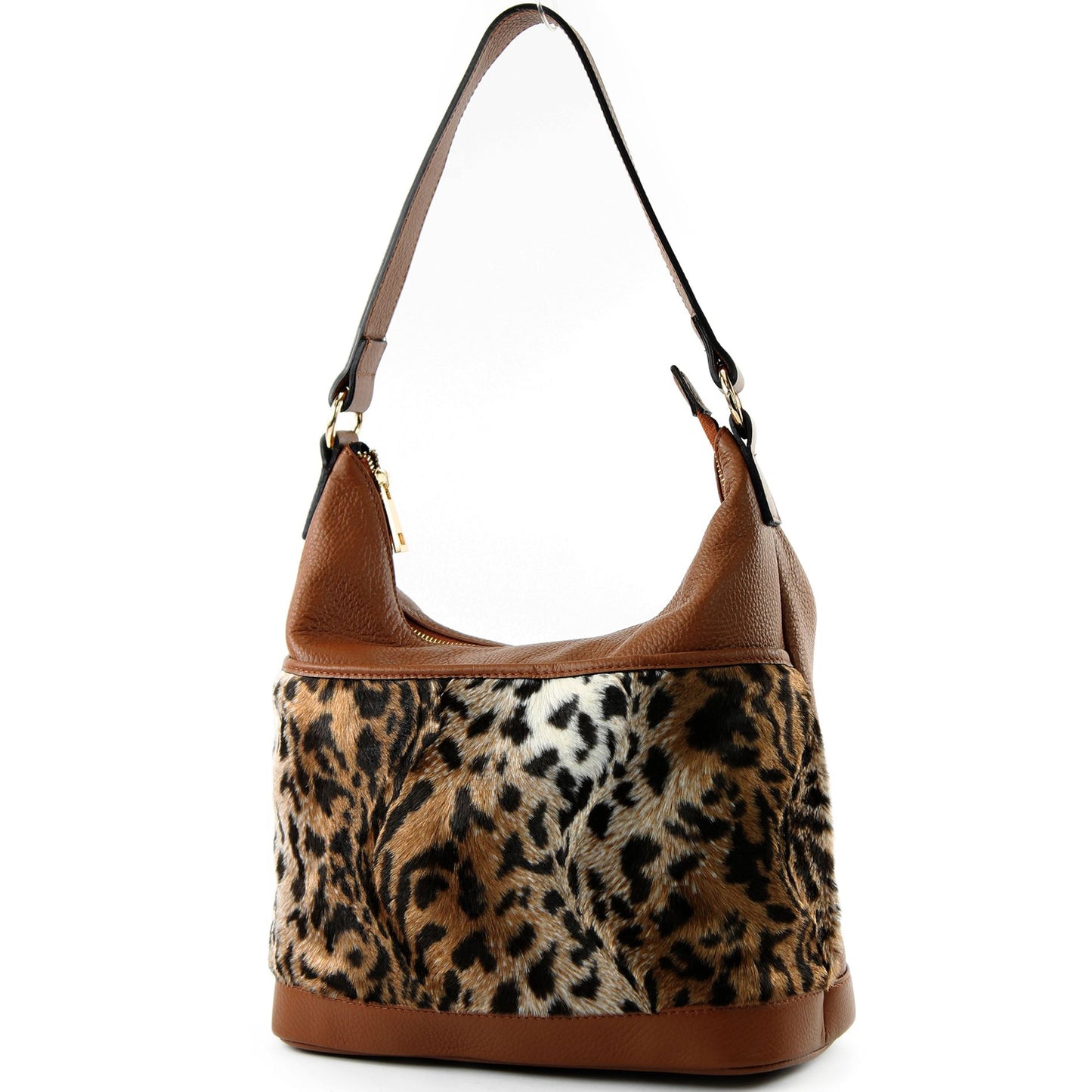 modamoda de T133 Damen Leder Schultertasche Henkeltasche aus Leder mit Kunstfell handmade in Italy