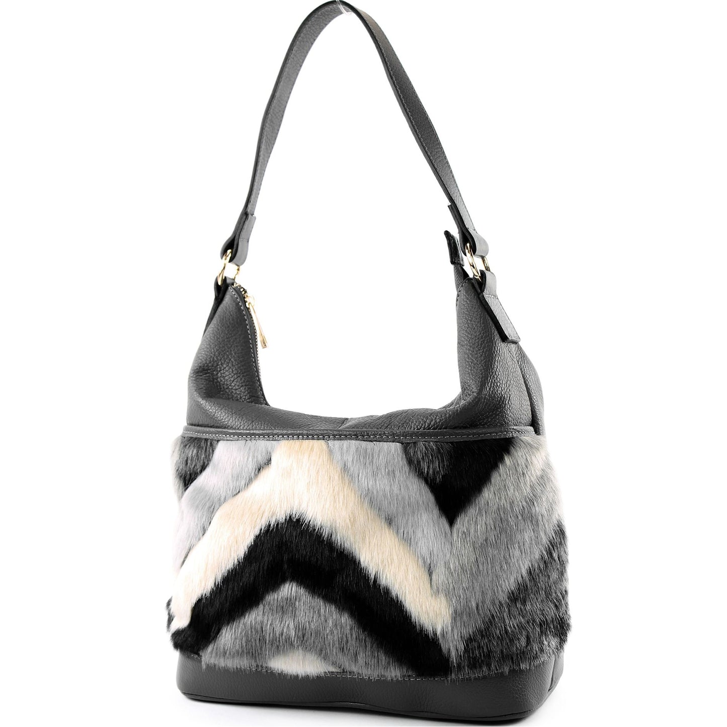 modamoda de T133 Damen Leder Schultertasche Henkeltasche aus Leder mit Kunstfell handmade in Italy