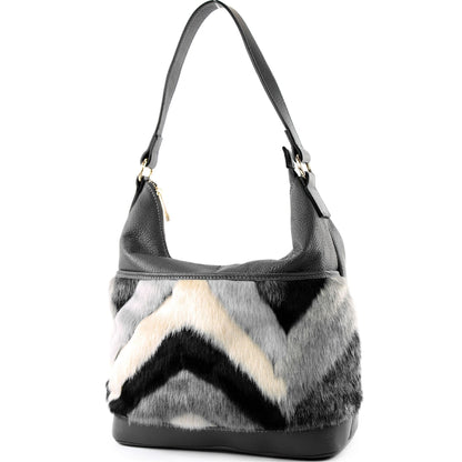 modamoda de T133 Damen Leder Schultertasche Henkeltasche aus Leder mit Kunstfell handmade in Italy