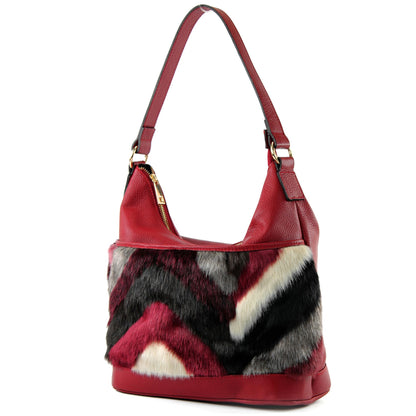modamoda de T133 Damen Leder Schultertasche Henkeltasche aus Leder mit Kunstfell handmade in Italy