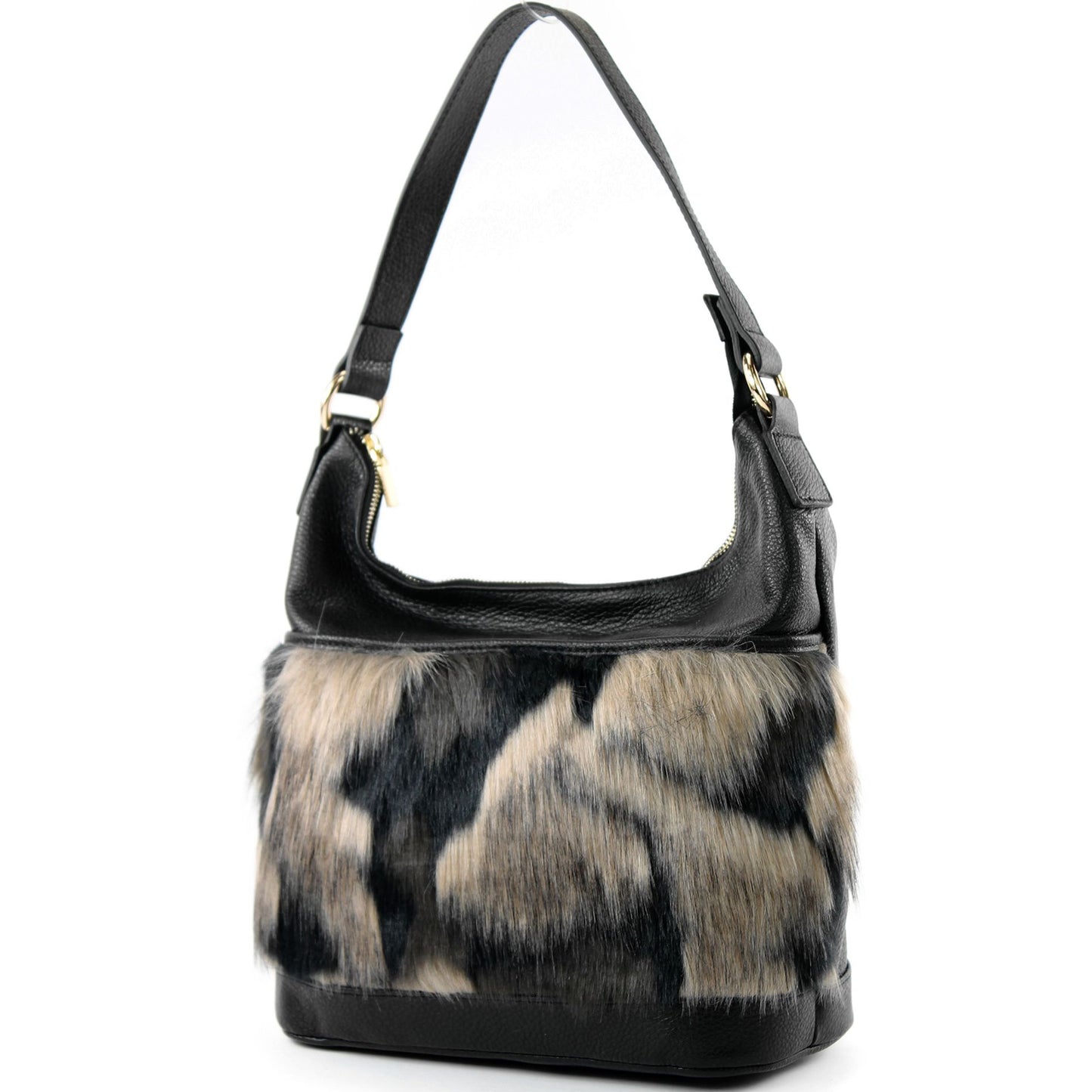modamoda de T133 Damen Leder Schultertasche Henkeltasche aus Leder mit Kunstfell handmade in Italy