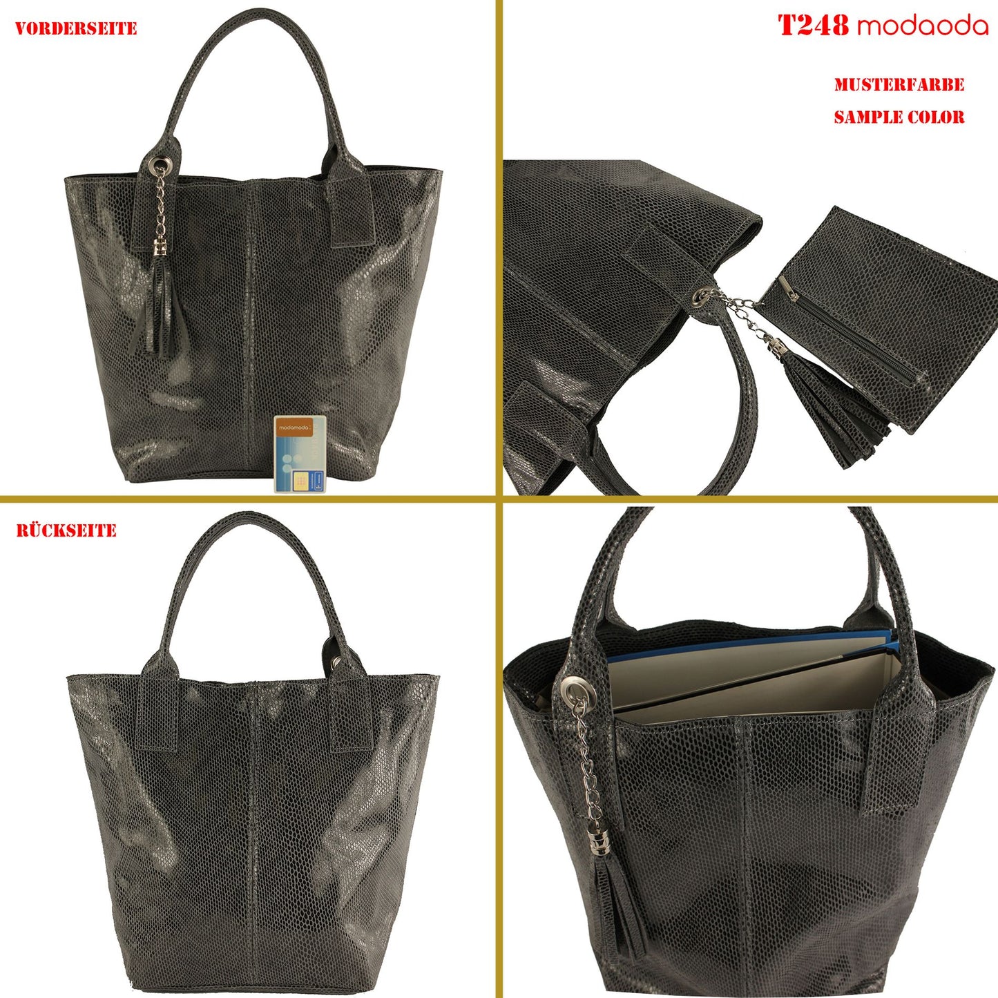 modamoda de - T248 -  Ital. Shopper Large mit Innentasche aus Leder