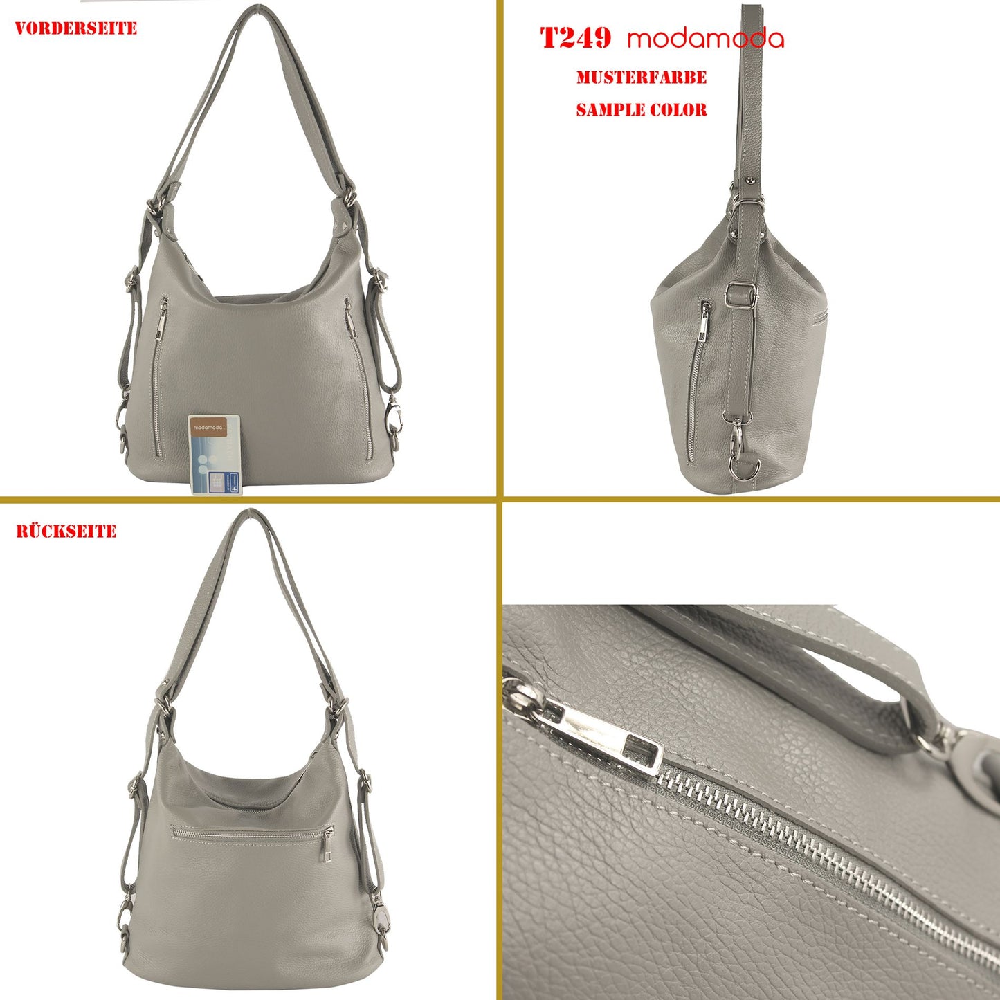modamoda de T249 Damen Rucksack Schultertasche 2 in 1 aus Leder handmade in Italy