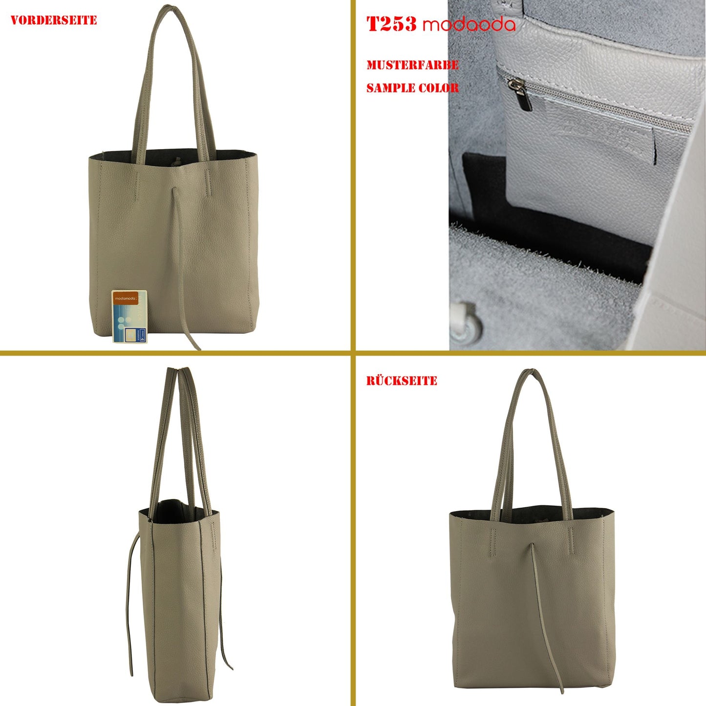 modamoda de - T253 -  Ital. Henkeltasche mit Innentasche aus Leder