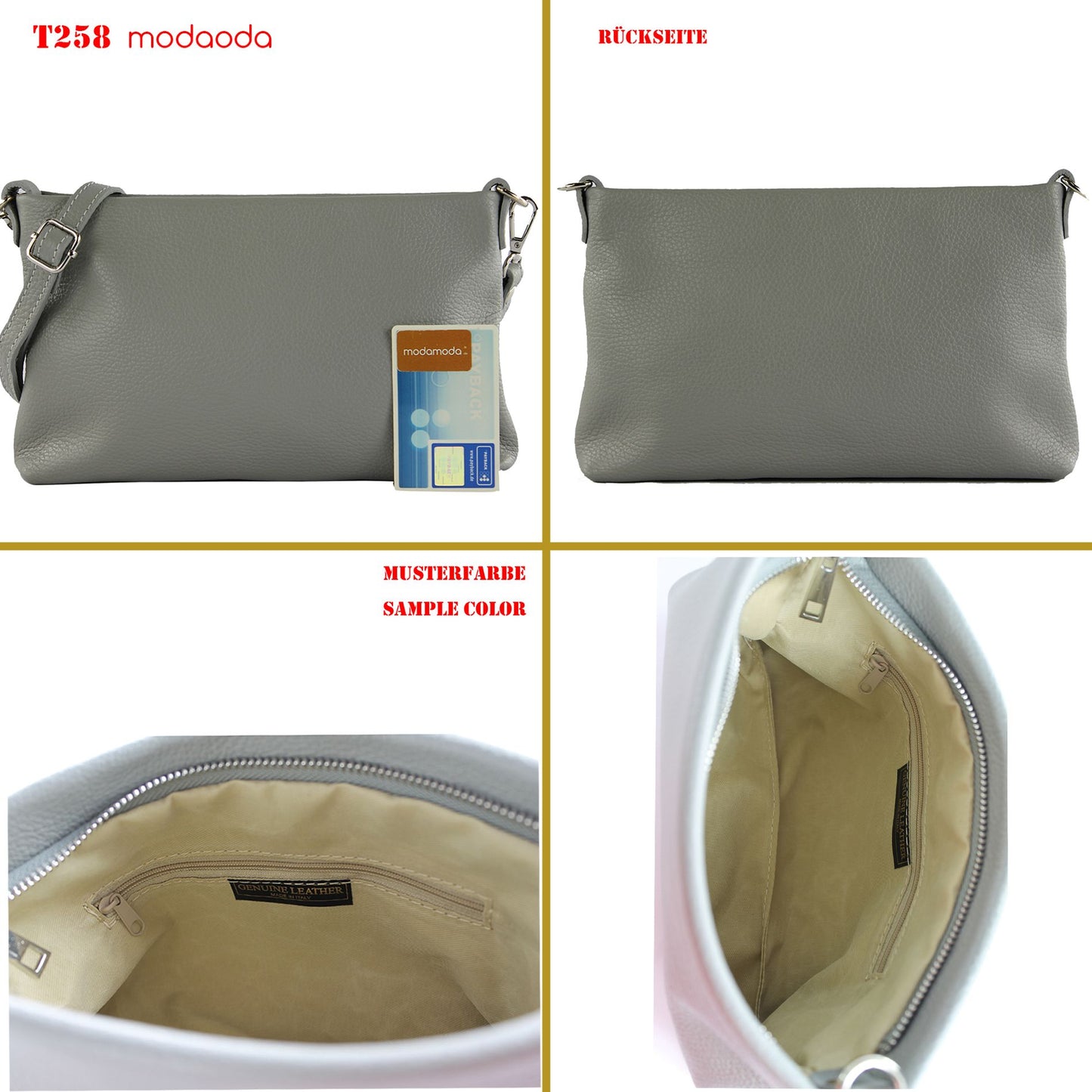 modamoda de T258 Damen Leder Umhängetasche Clutch Kosmetiktasche handmade in Italy