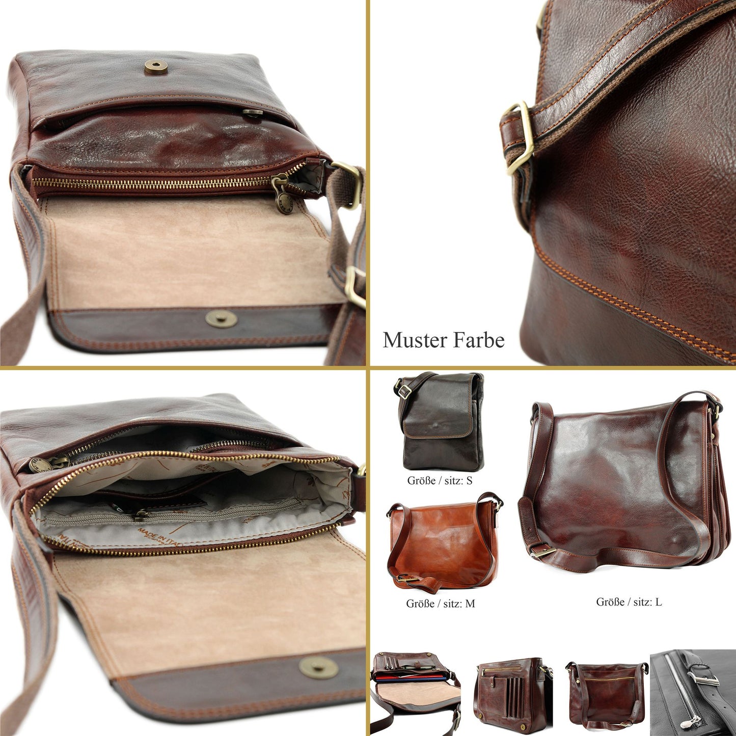 modamoda de A001 3 Größen Herren Unisex Leder Umhängetasche Messenger Bag handmade in Italy