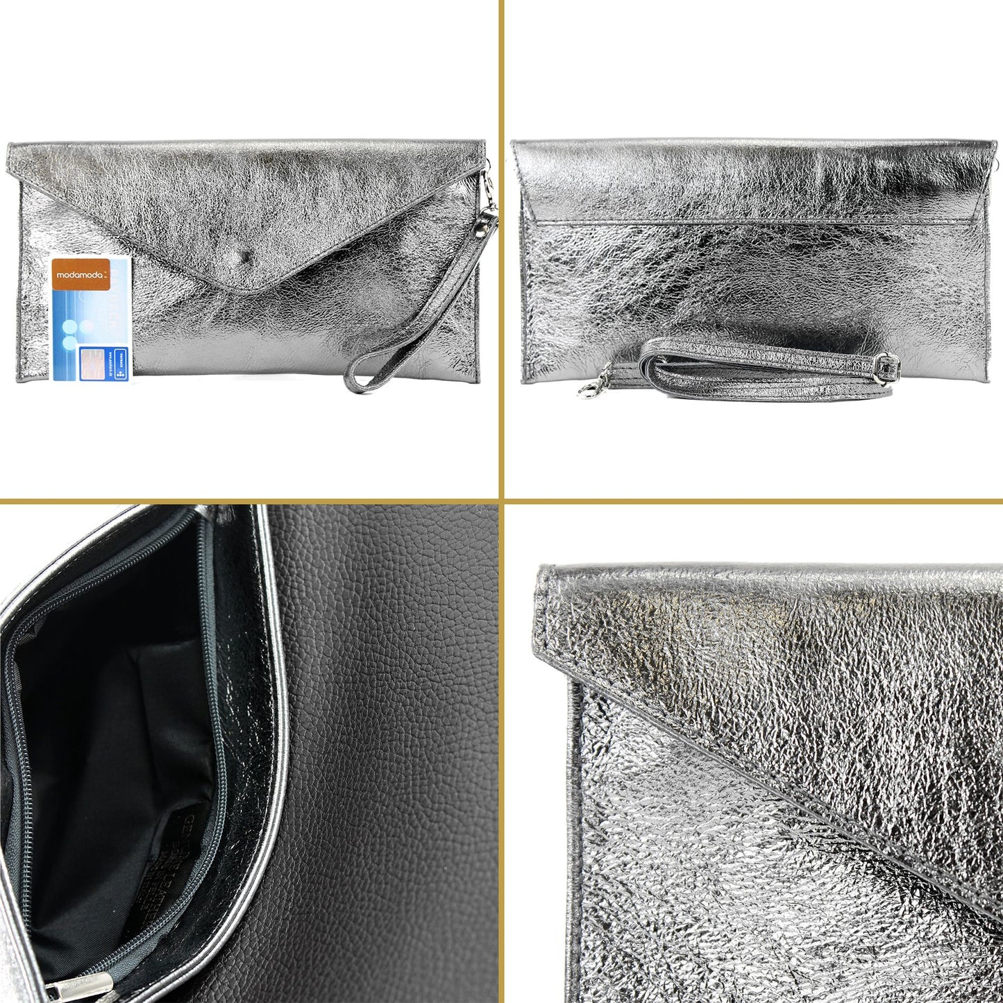 modamoda de - M106-151 - ital. Clutch Handgelenktasche Leder Metallic