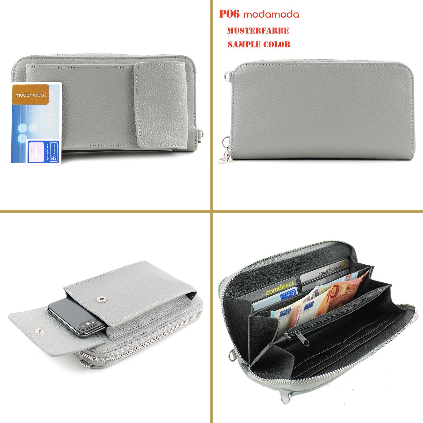 modamoda de P06 Damen Leder Umhängetasche Geldbörse Handytasche 6,5 Zoll handmade in Italy