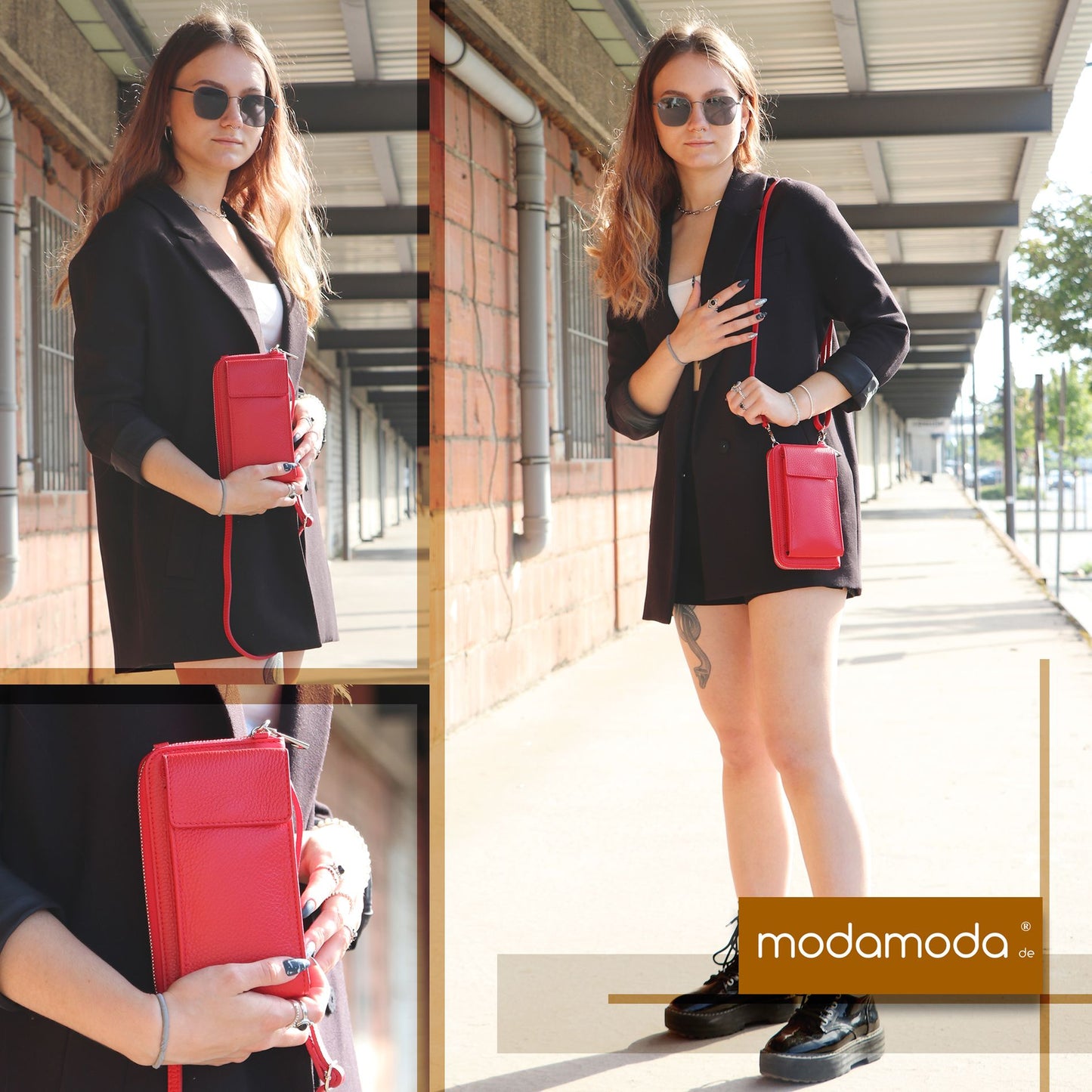 modamoda de P06 Damen Leder Umhängetasche Geldbörse Handytasche 6,5 Zoll handmade in Italy