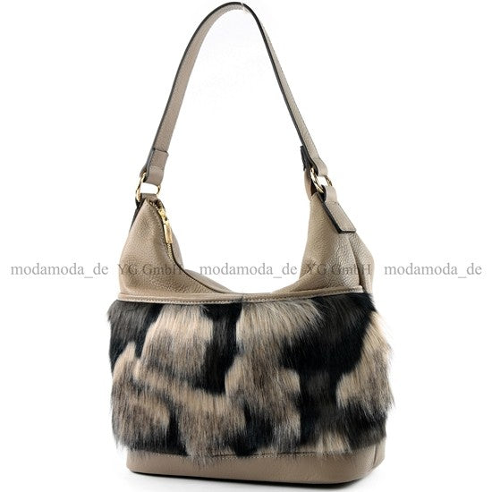 modamoda de T133 Damen Leder Schultertasche Henkeltasche aus Leder mit Kunstfell handmade in Italy