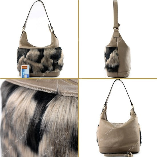 modamoda de T133 Damen Leder Schultertasche Henkeltasche aus Leder mit Kunstfell handmade in Italy