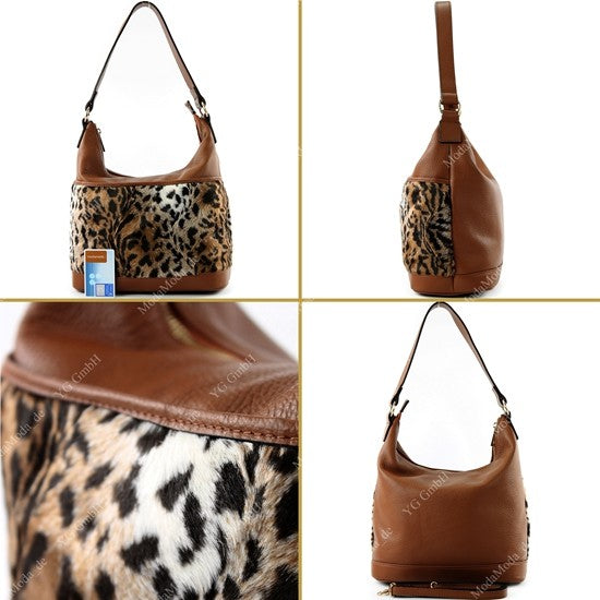 modamoda de T133 Damen Leder Schultertasche Henkeltasche aus Leder mit Kunstfell handmade in Italy