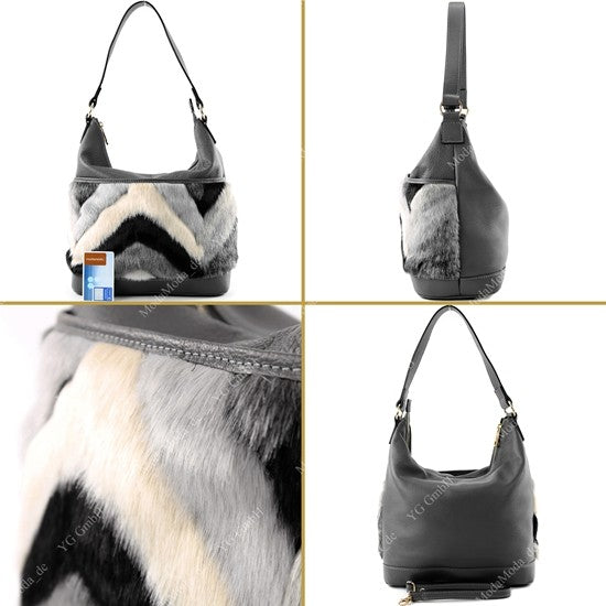 modamoda de T133 Damen Leder Schultertasche Henkeltasche aus Leder mit Kunstfell handmade in Italy