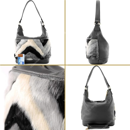 modamoda de T133 Damen Leder Schultertasche Henkeltasche aus Leder mit Kunstfell handmade in Italy