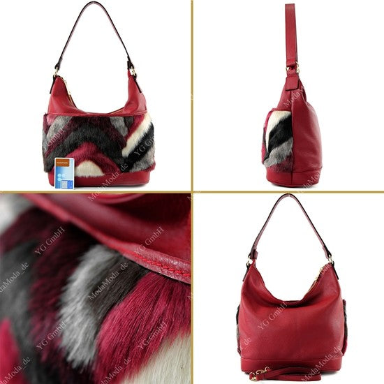 modamoda de T133 Damen Leder Schultertasche Henkeltasche aus Leder mit Kunstfell handmade in Italy