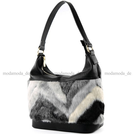 modamoda de T133 Damen Leder Schultertasche Henkeltasche aus Leder mit Kunstfell handmade in Italy