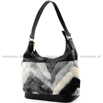 modamoda de T133 Damen Leder Schultertasche Henkeltasche aus Leder mit Kunstfell handmade in Italy