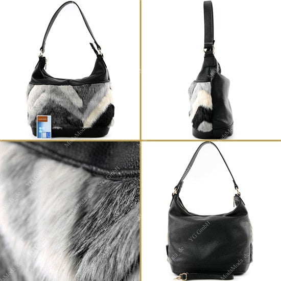 modamoda de T133 Damen Leder Schultertasche Henkeltasche aus Leder mit Kunstfell handmade in Italy