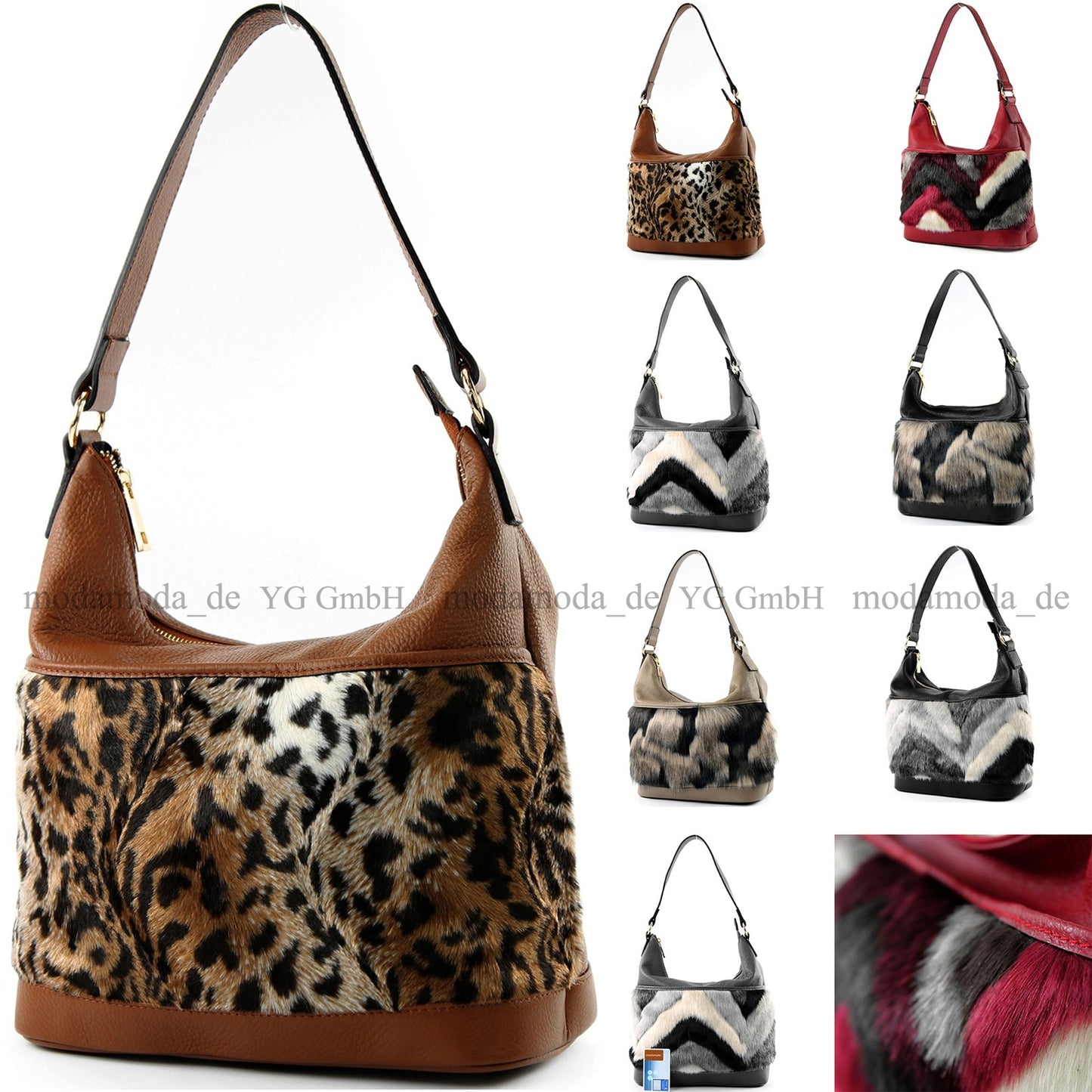 modamoda de T133 Damen Leder Schultertasche Henkeltasche aus Leder mit Kunstfell handmade in Italy