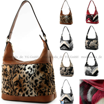 modamoda de T133 Damen Leder Schultertasche Henkeltasche aus Leder mit Kunstfell handmade in Italy