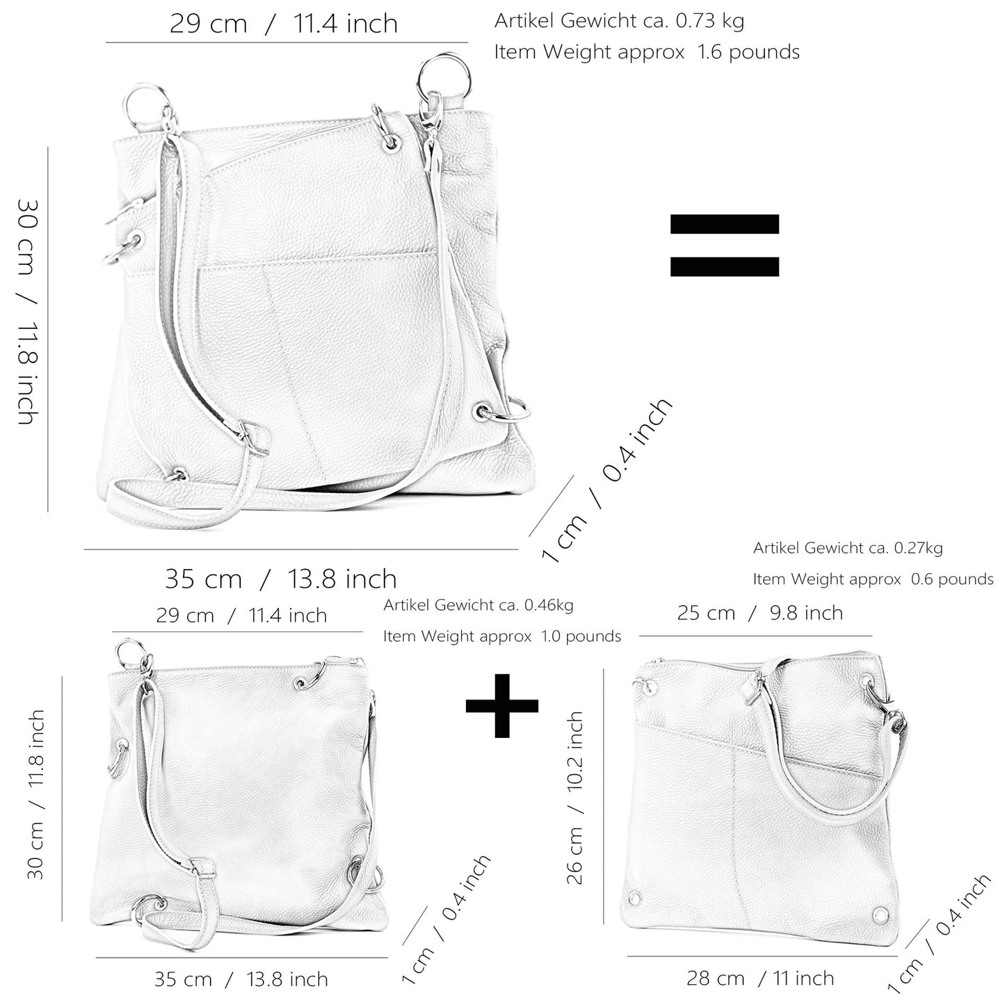 modamoda de - T140 - ital Messengertasche Umhängetasche 2in1 Leder