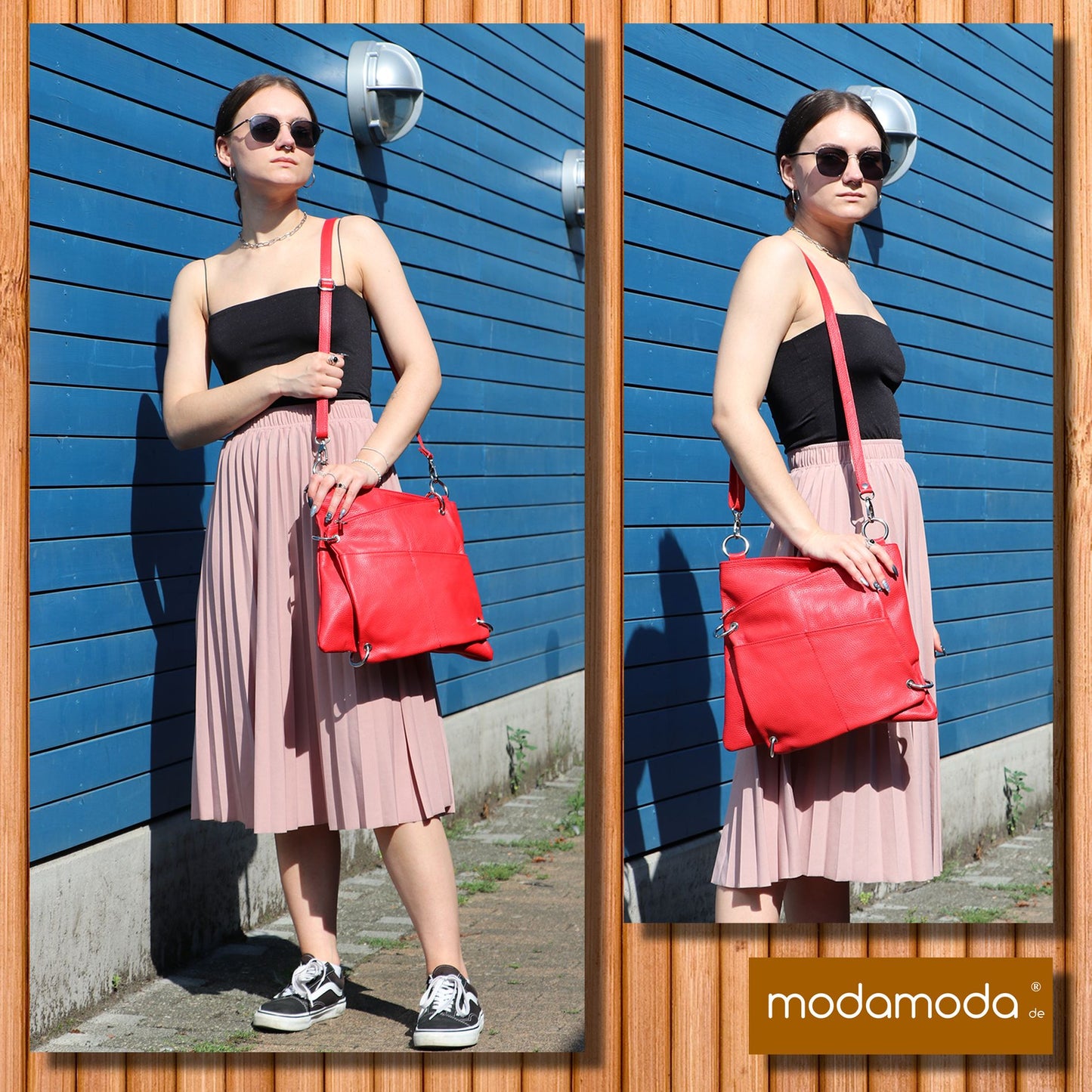 modamoda de - T140 - ital Messengertasche Umhängetasche 2in1 Leder