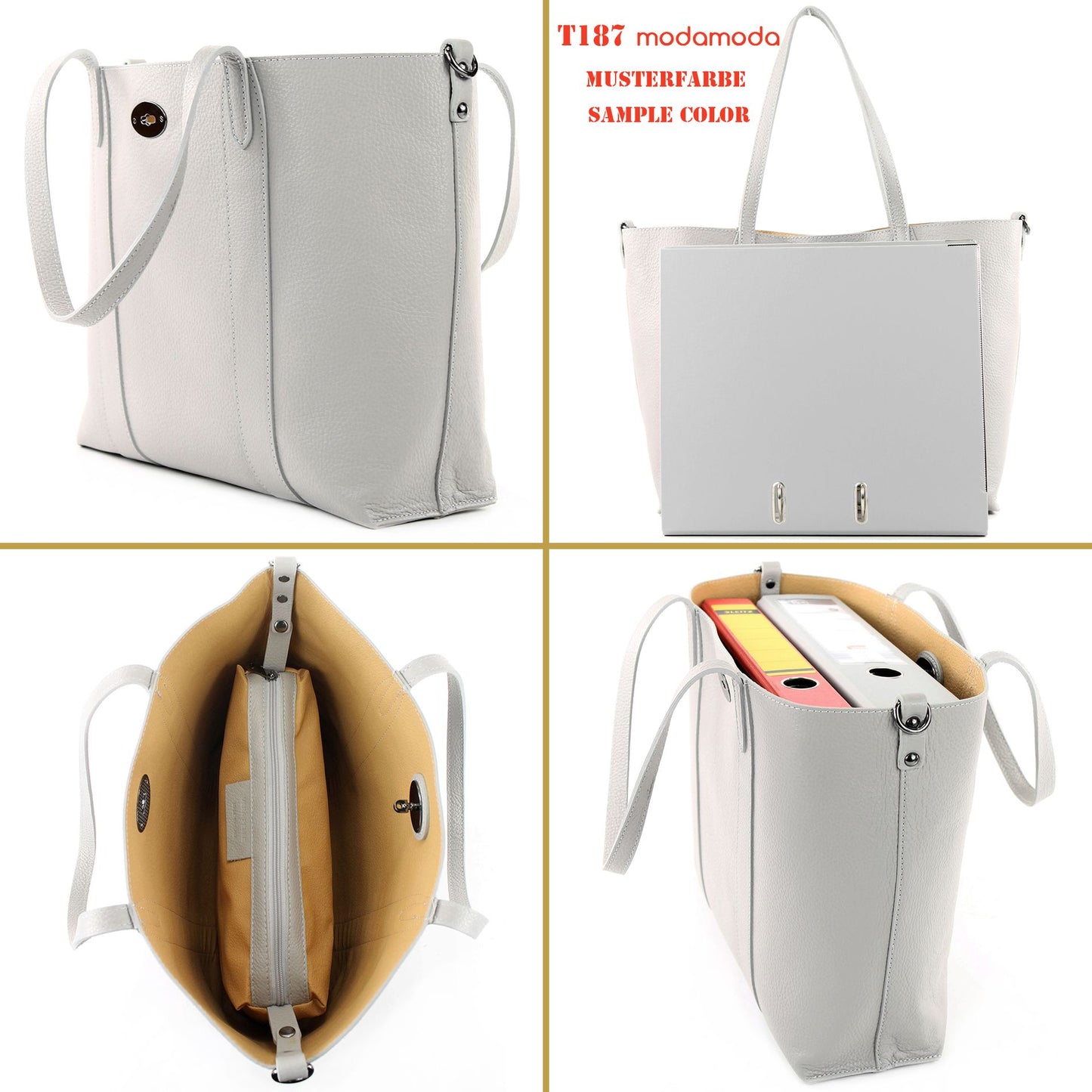 modamoda de - T187 - ital. Shopper DIN A4  Leder Damentasche mit Innentasche