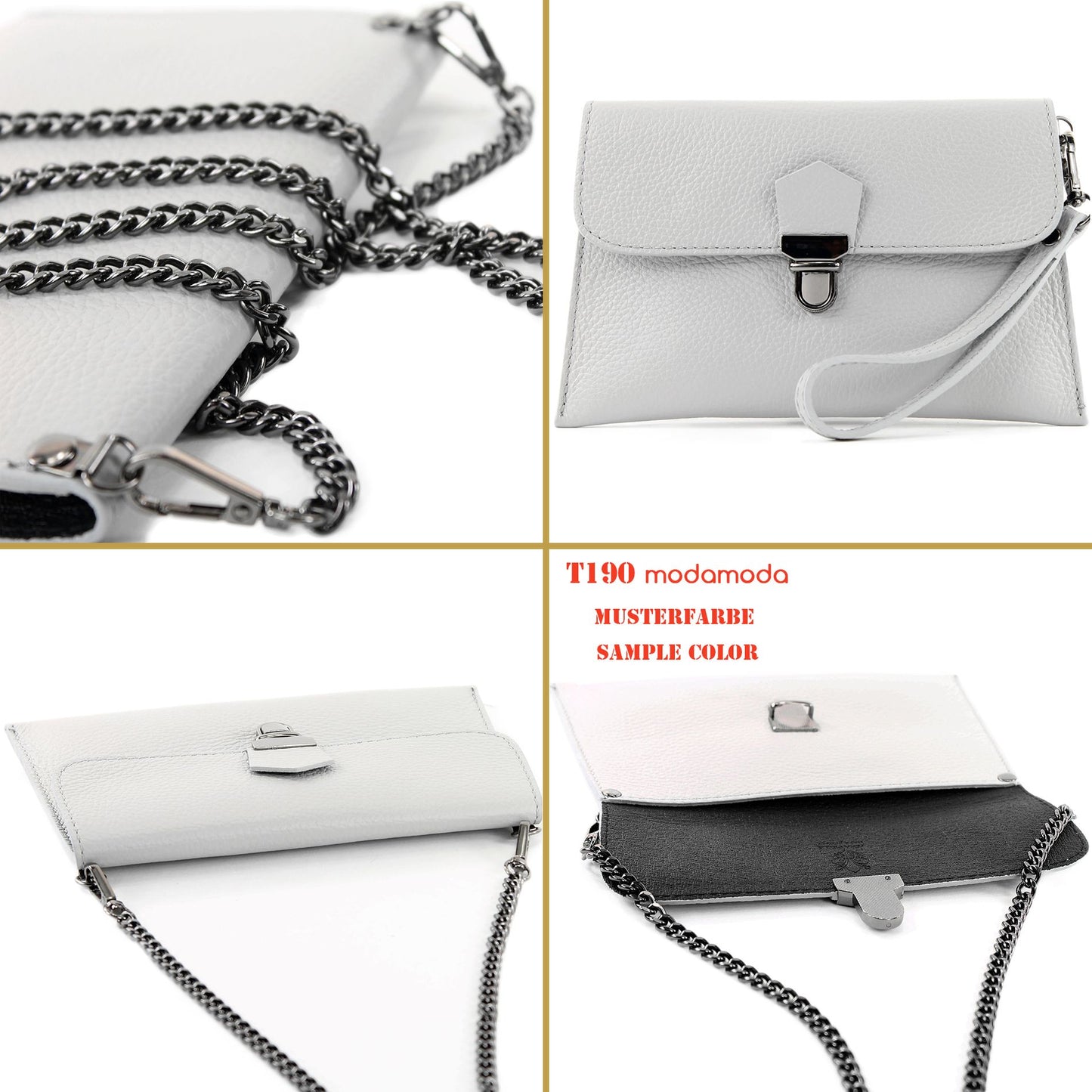 modamoda de T190 Damen Leder Clutch Handgelenktasche Schultertasche mit Kette handmade in Italy