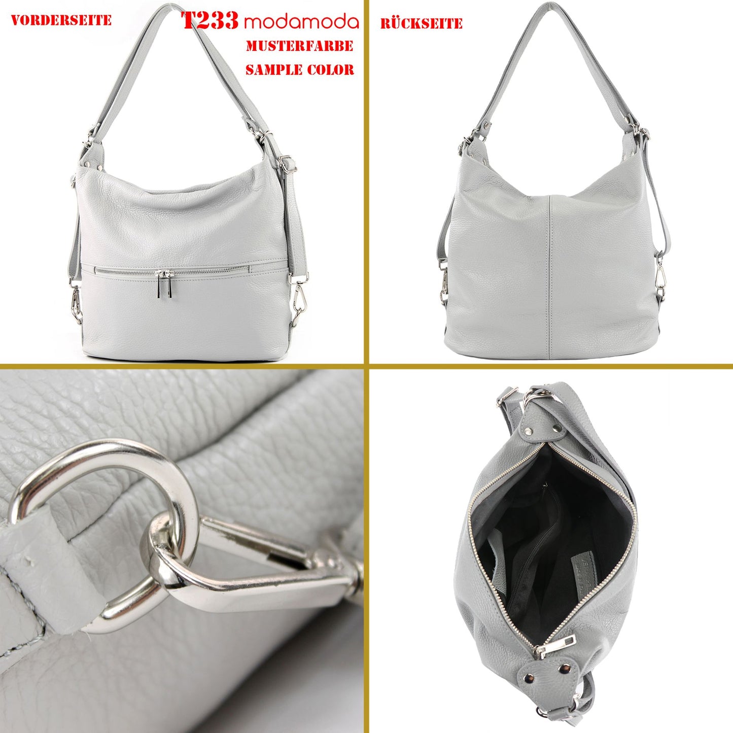 modamoda de - T233 - ital. Damen Rucksack Tasche 2in1 aus Leder