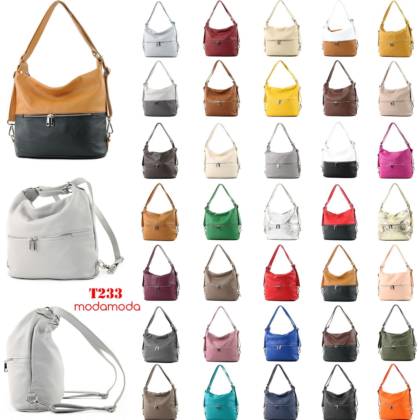 modamoda de - T233 - ital. Damen Rucksack Tasche 2in1 aus Leder