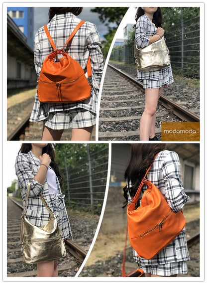 modamoda de - T233 - ital. Damen Rucksack Tasche 2in1 aus Leder