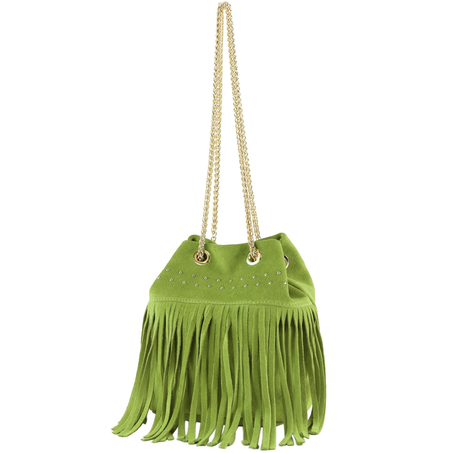modamoda de T244 Damen Schultertasche Wildleder mit Fransen und Goldkette handmade in Italy