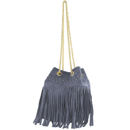 modamoda de T244 Damen Schultertasche Wildleder mit Fransen und Goldkette handmade in Italy