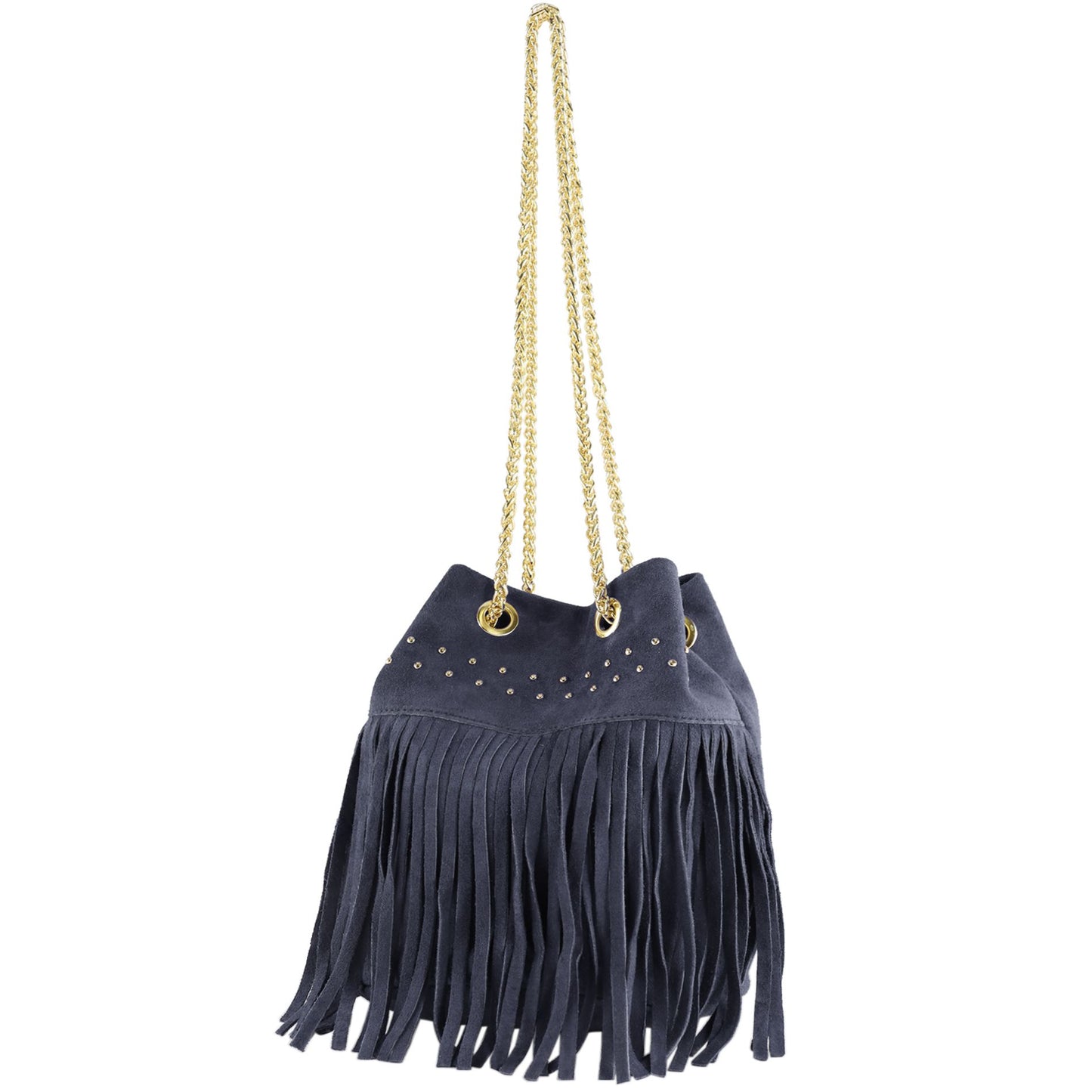 modamoda de T244 Damen Schultertasche Wildleder mit Fransen und Goldkette handmade in Italy