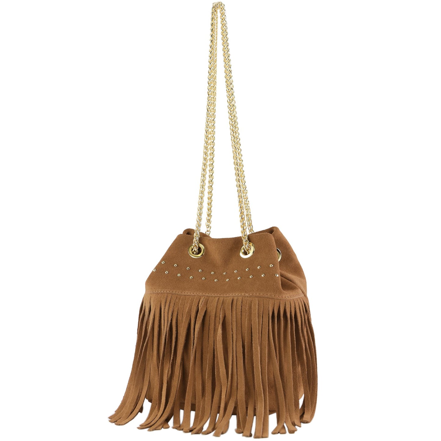 modamoda de T244 Damen Schultertasche Wildleder mit Fransen und Goldkette handmade in Italy