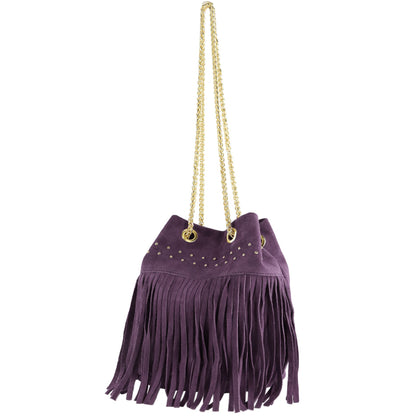 modamoda de T244 Damen Schultertasche Wildleder mit Fransen und Goldkette handmade in Italy