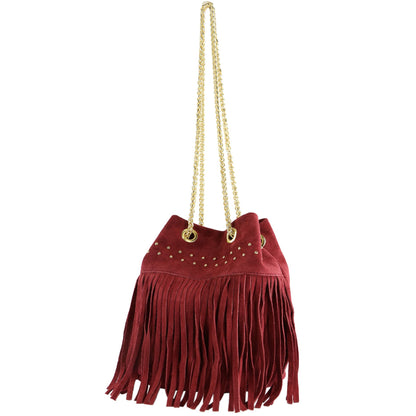modamoda de T244 Damen Schultertasche Wildleder mit Fransen und Goldkette handmade in Italy