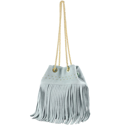 modamoda de T244 Damen Schultertasche Wildleder mit Fransen und Goldkette handmade in Italy