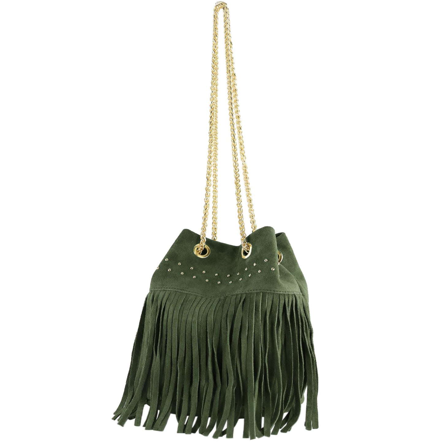 modamoda de T244 Damen Schultertasche Wildleder mit Fransen und Goldkette handmade in Italy