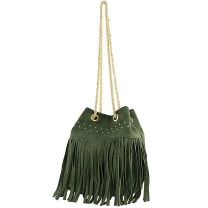modamoda de T244 Damen Schultertasche Wildleder mit Fransen und Goldkette handmade in Italy