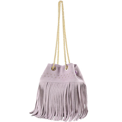 modamoda de T244 Damen Schultertasche Wildleder mit Fransen und Goldkette handmade in Italy