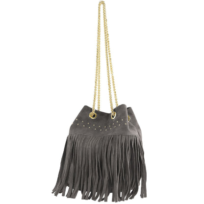 modamoda de T244 Damen Schultertasche Wildleder mit Fransen und Goldkette handmade in Italy