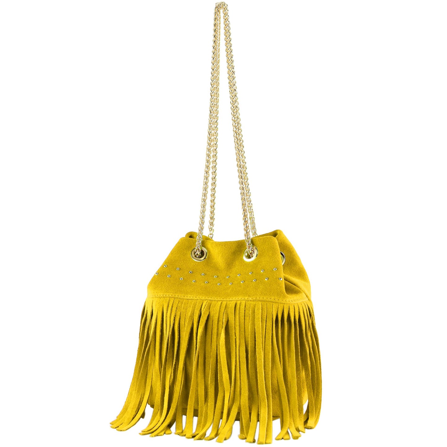 modamoda de T244 Damen Schultertasche Wildleder mit Fransen und Goldkette handmade in Italy