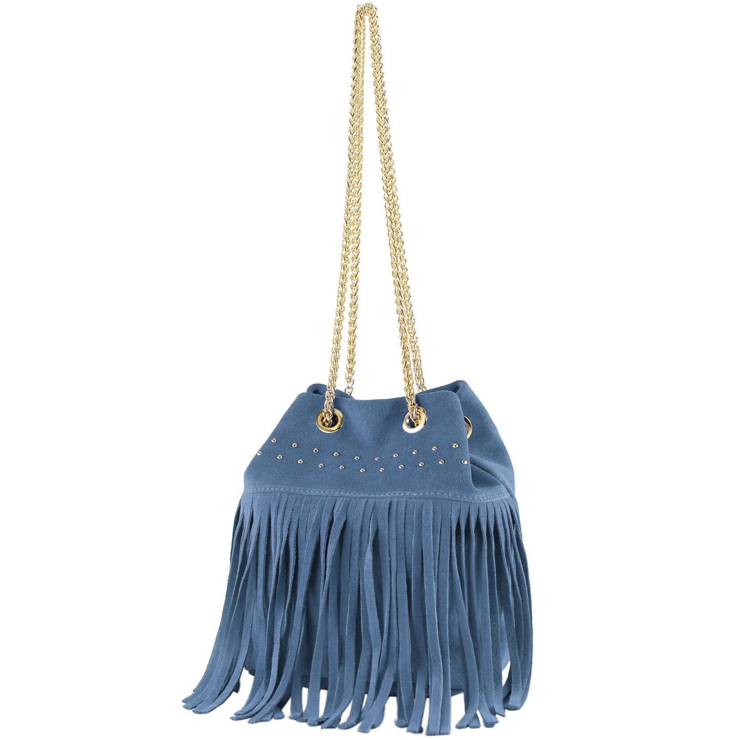 modamoda de T244 Damen Schultertasche Wildleder mit Fransen und Goldkette handmade in Italy