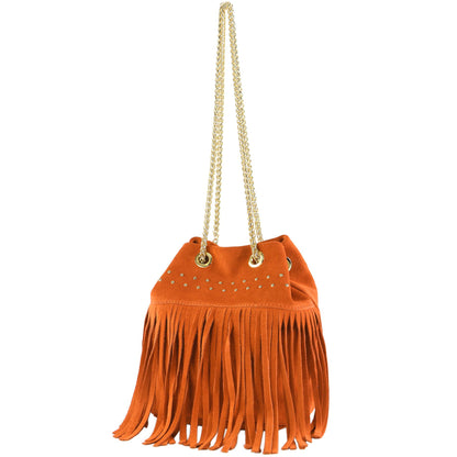 modamoda de T244 Damen Schultertasche Wildleder mit Fransen und Goldkette handmade in Italy