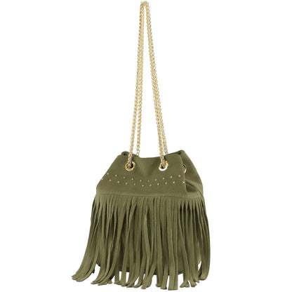 modamoda de T244 Damen Schultertasche Wildleder mit Fransen und Goldkette handmade in Italy