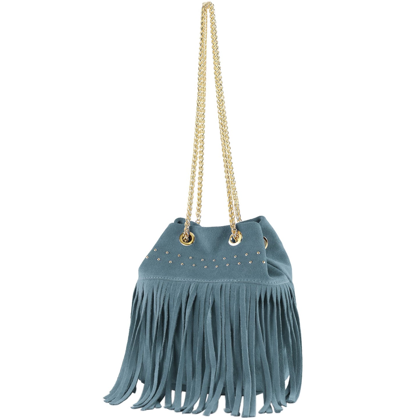modamoda de T244 Damen Schultertasche Wildleder mit Fransen und Goldkette handmade in Italy