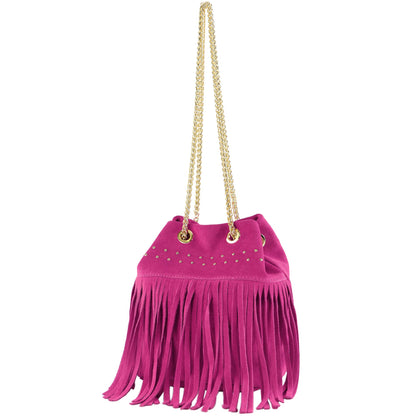 modamoda de T244 Damen Schultertasche Wildleder mit Fransen und Goldkette handmade in Italy