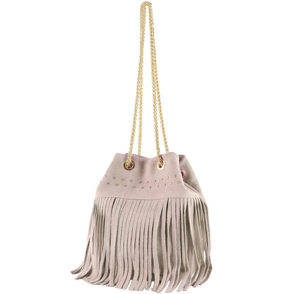 modamoda de T244 Damen Schultertasche Wildleder mit Fransen und Goldkette handmade in Italy