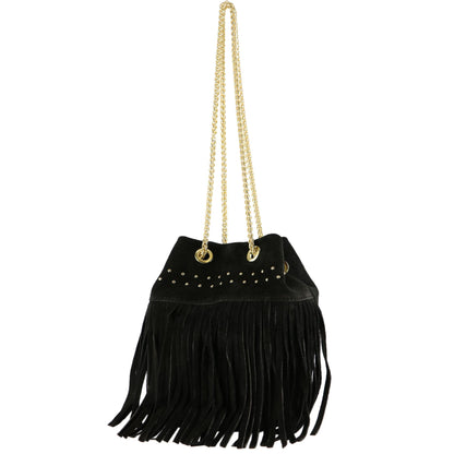 modamoda de T244 Damen Schultertasche Wildleder mit Fransen und Goldkette handmade in Italy